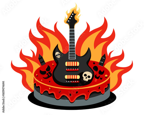 Rock and roll birthday cake with flaming guitar and skulls