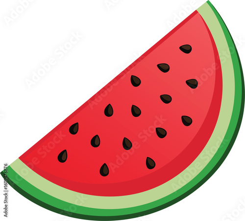 Vibrant watermelon slice with black seeds and green leaf illustration