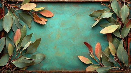 Foliage frame with teal textured backdrop