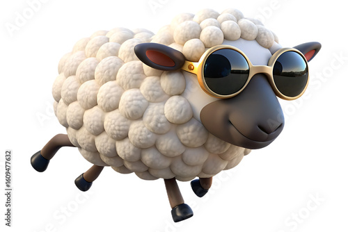 A cute, isolated 3D cartoon sheep character with a big smile, a hat, and white wool in the snow