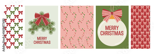 Vector art of festive christmas patterns feature bows, candy canes, and ornaments for a holiday background