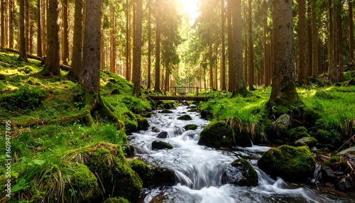 Sunlight streams through a mossy forest with a flowing brook