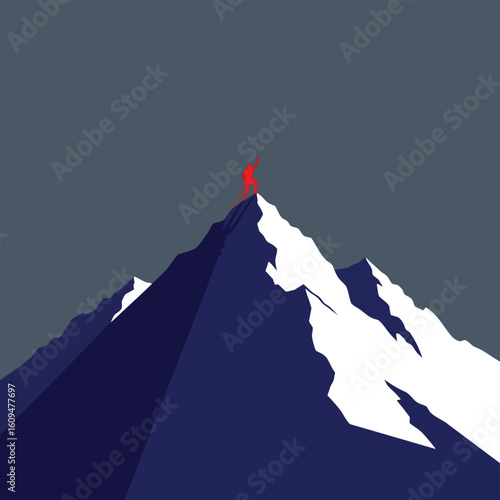 Climber Reaching Summit of Snowy Mountain Peak.