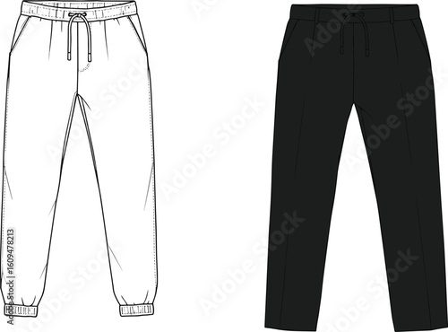 Men's Drawstring Waist Jogger Pants and Straight Leg Trousers Technical Flat Sketches, Apparel Design Vector Illustration for Casual Wear Collection.