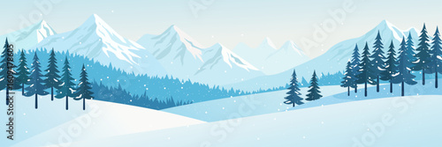 Flat vector winter landscape with snowy mountains, falling snow, fir trees and frosty nature. Peaceful seasonal background perfect for holiday design, web, greeting cards, banners and prints.
