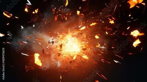 Abstract explosion in space with rocks and stones burst in flame, sci-fi and technology background