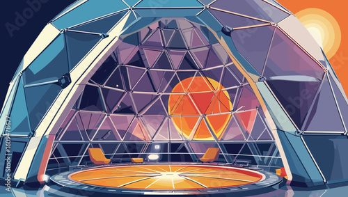 Futuristic geodesic dome interior with sun setting and modern furniture