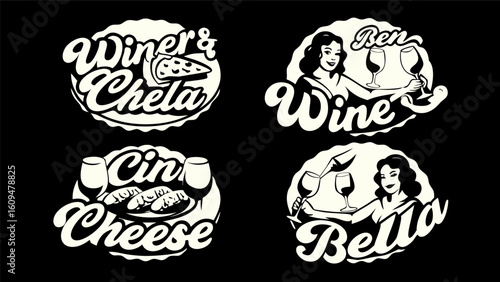 Winer chela ben bella cin cheese pizza graphics vector vintage retro illustration design elements set - vector illustration