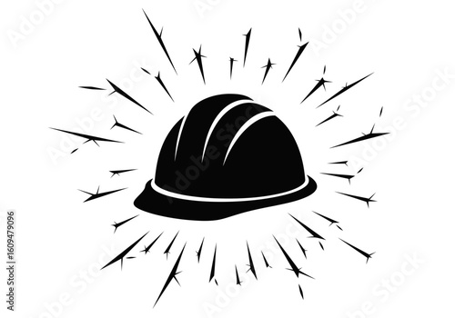 A hard hat with radiating lines symbolizing impact or energy on white