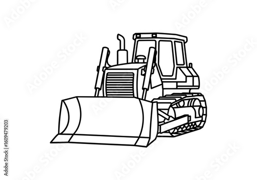An outline drawing of a bulldozer on a white background
