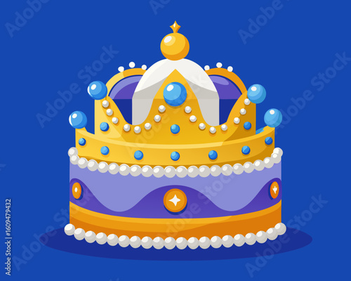 Ornate crown cake with blue and white pearls on blue background