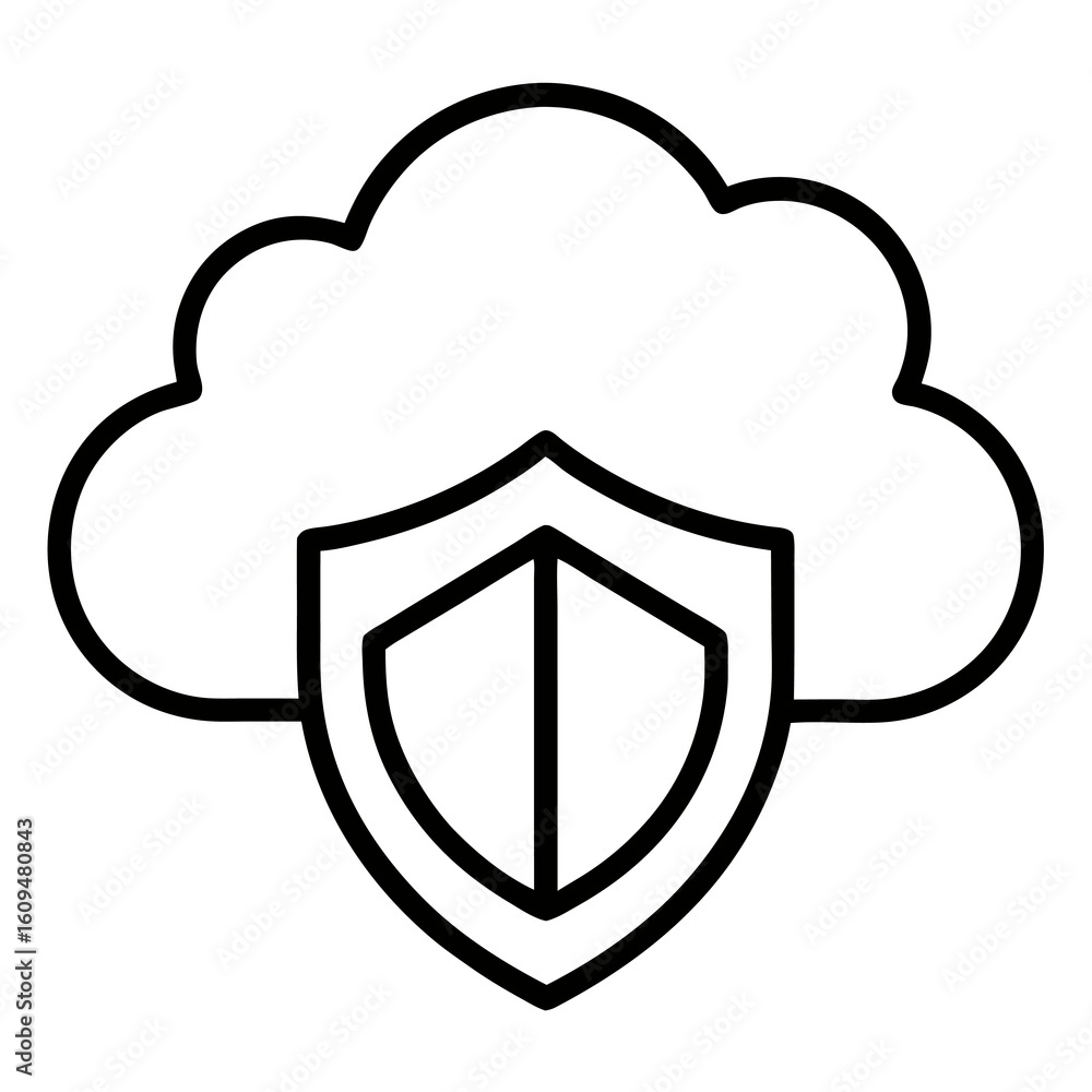 Fototapeta premium Cloud Shield Outline Icon – Black Vector for Cloud Security & Data Protection