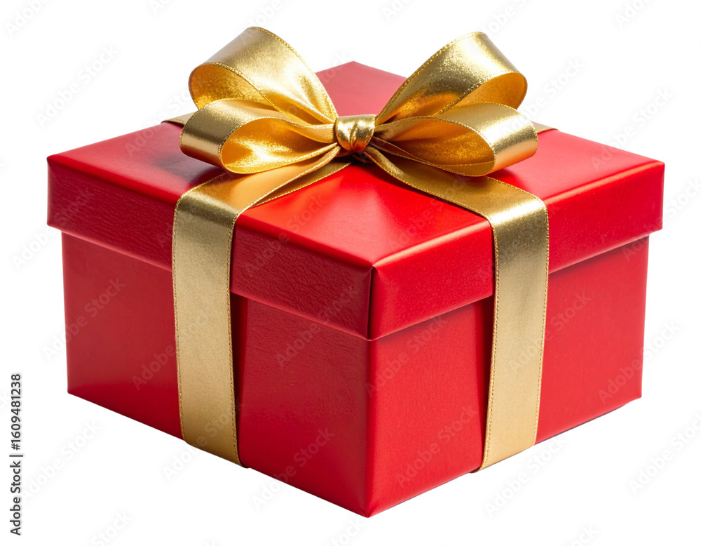 Fototapeta premium Red Christmas Gift Box with Golden Bow, Front View, isolated on transparent background