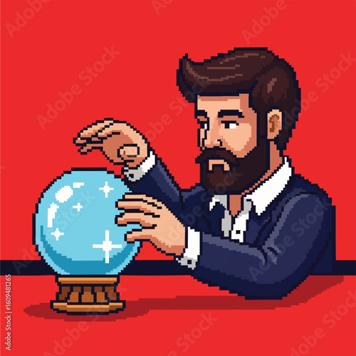 Pixelated fortune teller with crystal ball and beard.