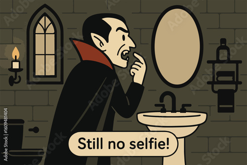 Vampire frustrated about no selfies in front of the mirror in a creepy bathroom