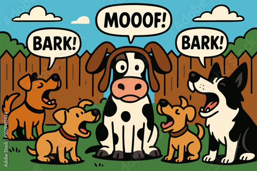Confused cow among barking dogs in a playful backyard scene