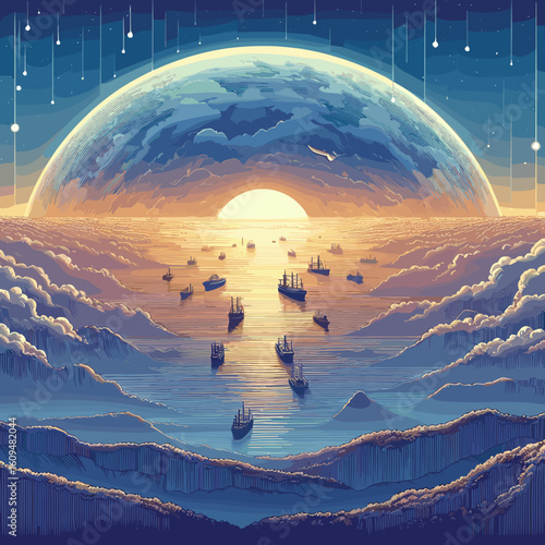 Majestic seascape with ships sailing towards the sunset under a cosmic sky