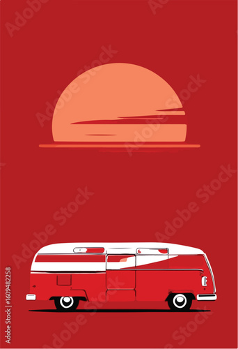 Minimalist Cartoon Illustration of a Desert Landscape with a Van.eps