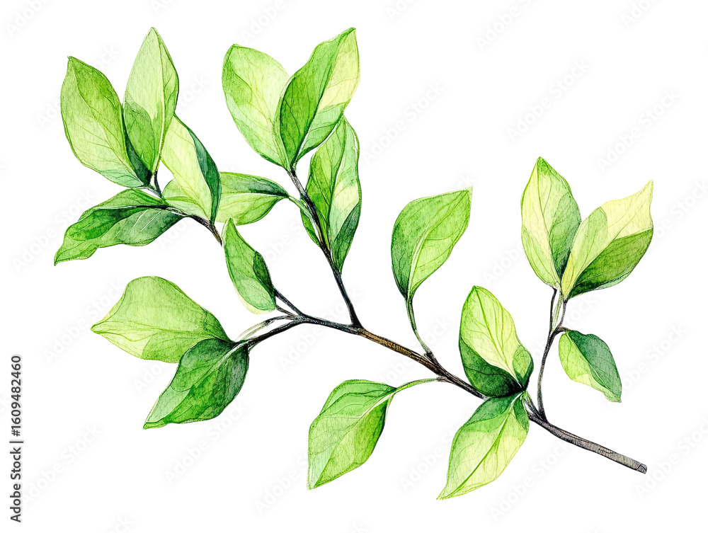 Fototapeta premium Green leaves on a branch isolated on white background