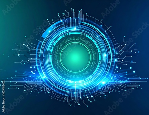 Abstract digital interface with concentric circles, glowing lines, and circuit board elements