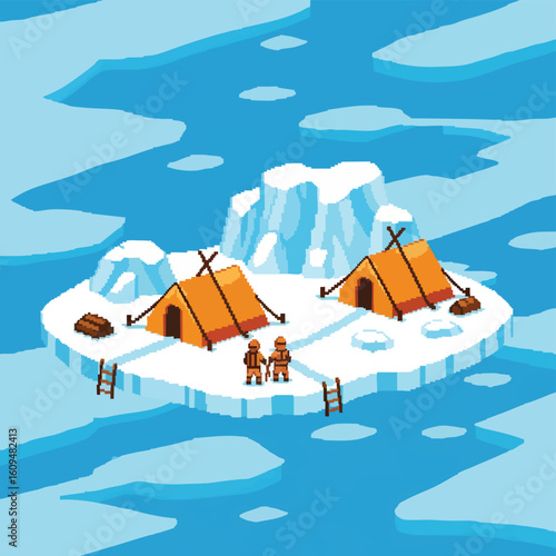 Pixel Art Antarctic Expedition: Two Explorers at Camp.