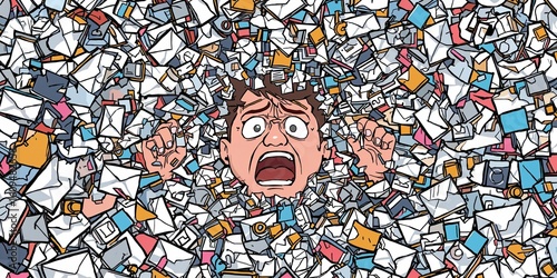 Cartoon man overwhelmed by mail and letters with a distressed expression and hands raised in panic and fear