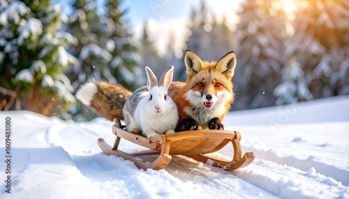A playful rabbit and fox on a snowy sled
