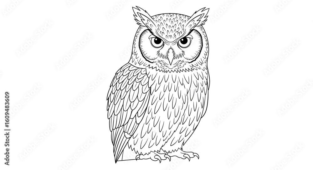Fototapeta premium Wise Owl Vector Outline for Woodland & Nocturnal Animal Coloring Books
