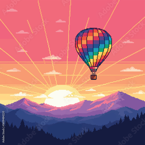 Pixel art hot air balloon soaring over mountains at sunrise.