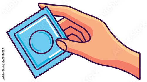 Hand holding a blue condom packet illustrating safe sex and protection against sexually transmitted infections and diseases awareness campaign