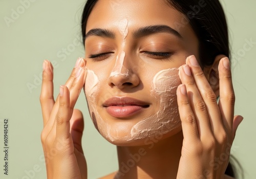 Woman Applying Facial Cream - Close-up of a woman gently applying a creamy facial treatment to her face, showcasing a skincare routine