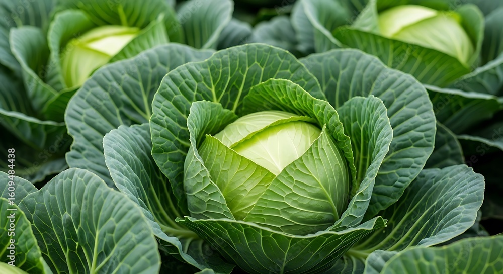 Obraz premium Close up of fresh green cabbage heads growing in a field vegetable healthy