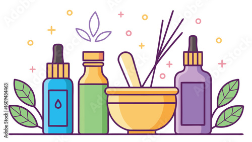 Herbal Medicine Concept with Essential Oil Bottles Mortar and Pestle Aromatherapy and Natural Remedies for Holistic Wellness and Healthcare
