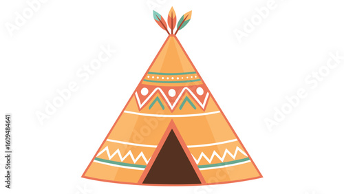 Illustration of a native american teepee tent with colorful tribal patterns and feathers on top cultural heritage and indigenous design