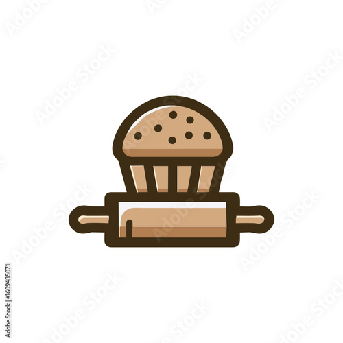 A freshly baked muffin resting on a rolling pin, with a clean white background highlighting its texture