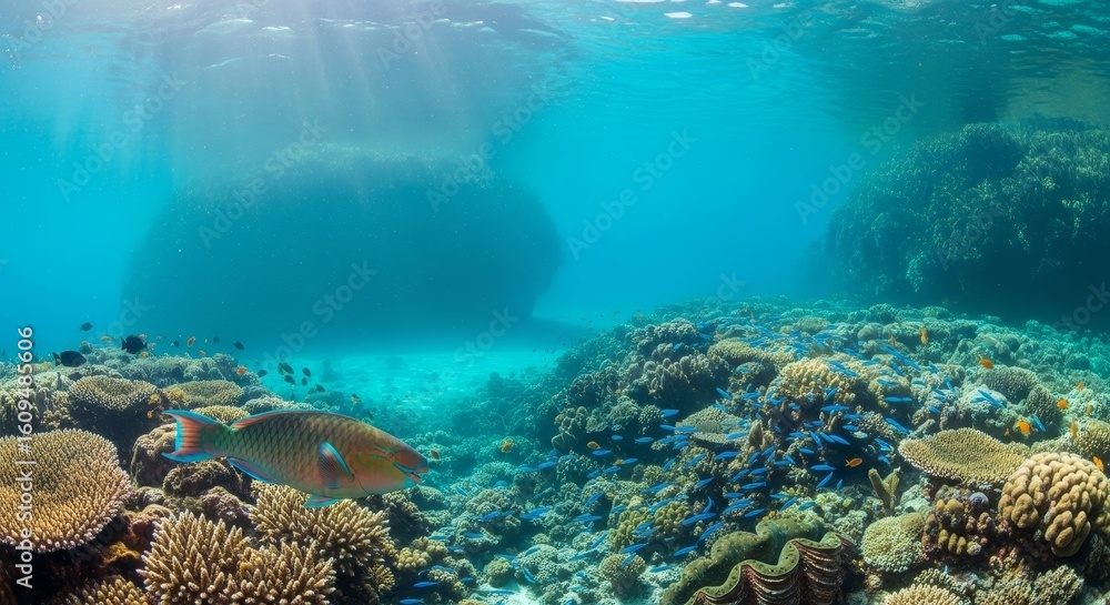 Fototapeta premium Vibrant Coral Reef Ecosystem - Stunning underwater scene of a healthy coral reef teeming with diverse marine life, including vibrant fish and coral formations