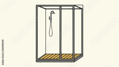 Minimalist shower cabin design with wooden floor and metal frame ideal for modern bathroom concepts and architectural visualization