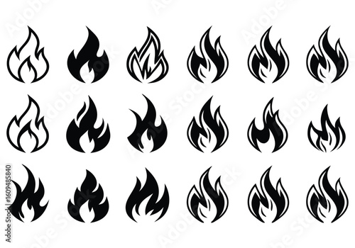A vibrant set of burning fire flame icons and symbols illustrating heat, power, and danger