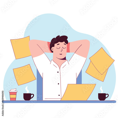 A relaxed office worker leans back in their chair with hands behind their head surrounded by sticky notes and coffee