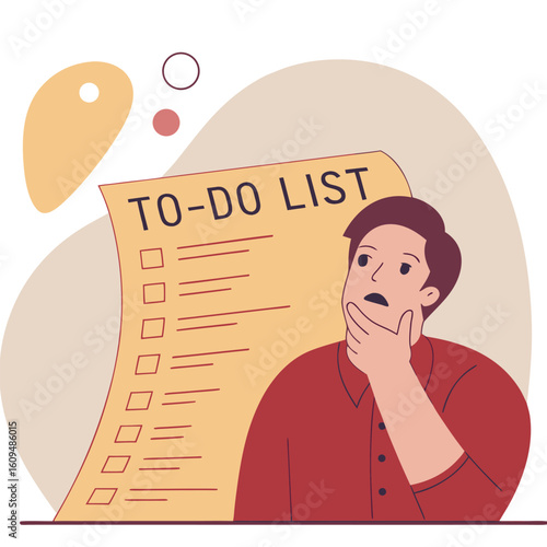 Confused businessman thinking and planning his to-do list in office environment