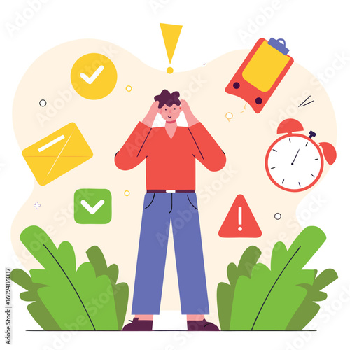 Overwhelmed person facing multiple tasks and deadlines with stress and anxiety surrounded by icons of alerts and notifications