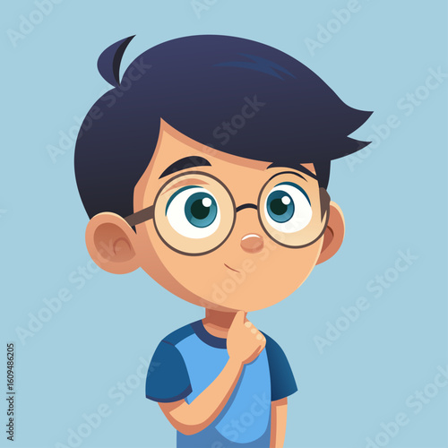 Curious boy with glasses thinking deeply