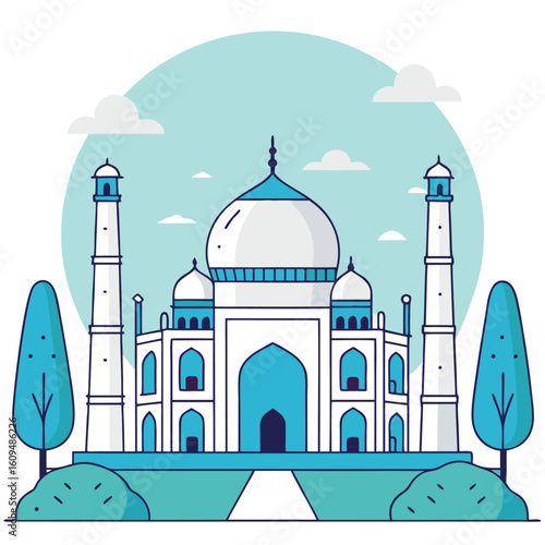 Stylized flat illustration of the iconic taj mahal monument in agra india set against a serene sky with clouds and surrounding greenery