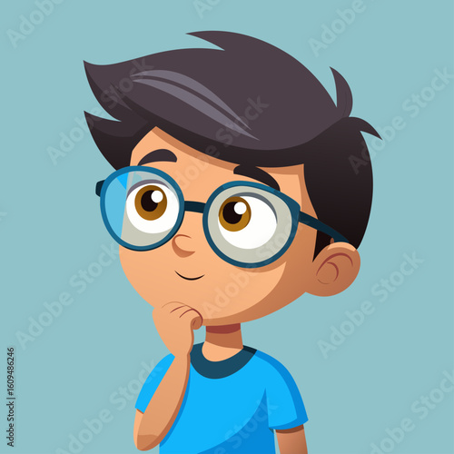 Curious boy with glasses thinking deeply