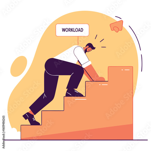 A determined businessman struggles to climb a steep staircase representing an overwhelming workload and demanding career challenges