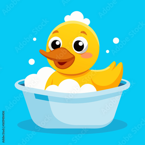 Cute cartoon rubber duck enjoying a bubbly bath