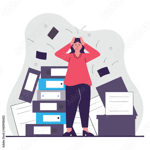 Overwhelmed office worker struggling with a massive pile of paperwork and disorganized files in a chaotic environment