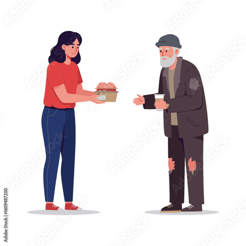 Woman Giving Food to a Man Living on the Streets