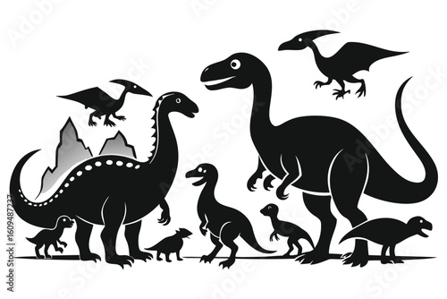 Silhouette of a family of dinosaurs with a prehistoric landscape background