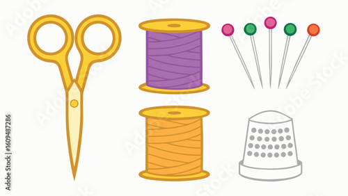 Sewing Supplies Illustration Featuring Scissors Thread Spools Pins and Thimble Craft and Hobby Tools and Equipment for Needlework and Textile Arts